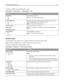 Page 87This menu is available from the Network/Ports menu:
Network/Ports > Network Menu  > Network Setup  > IPv6
Menu itemDescription
Enable IPv6
On
OffEnables IPv6 in the printer
Note: On is the factory default setting.
Auto Configuration
On
OffSpecifies whether the network adapter accepts the automatic IPv6
address configuration entries provided by a router
Note: On is the factory default setting.
View Hostname
View Address
View Router AddressLets you view the current setting
Note: These settings can be...