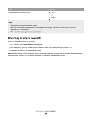 Page 14PaperPaper size
Lexmark PerfectFinish Photo PaperLetter
A4
4 x 6 in.
L
Notes:
Availability may vary by country or region.
For best results when printing photos or other high-quality images, use Lexmark Photo Paper or Lexmark
PerfectFinishTM Photo Paper.
For more information, go to www.lexmark.com
Recycling Lexmark products
To return Lexmark products for recycling:
1Visit our Web site at www.lexmark.com/recycle.
2Find the product type you want to recycle, and then select your country or region from the...