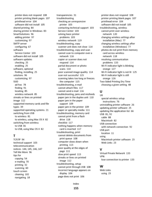 Page 155printer does not respond  108
printer printing blank pages  107
printhead error  104
software did not install  105
shared printing  84
sharing printer in Windows  83
SmartSolutions  96
adding printer  97
customizing  97
SMTP server 
configuring  67
software 
Service Center  103
software did not install  105
software updates 
checking  25
enabling  25
software, optional 
finding, installing  25
solutions  96
customizing  97
SSID 
ad hoc  78
finding  91
locating  85
wireless network  85
streaks or lines on...