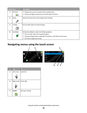 Page 18Display itemDescription
5Ink levelsDisplay the current ink levels of the installed tanks.
Access cartridge maintenance and information functions.
6SetupAccess the setup menu and change printer settings.
72-Sided
21
Print on both sides of a sheet of paper.
8Eco-ModeActivate Eco-Mode to select the following options:
Print on both sides of the paper (duplex).
Change to Power Saver mode after the printer is left idle for 10 minutes.
Set screen brightness to low.
Navigating menus using the touch screen...