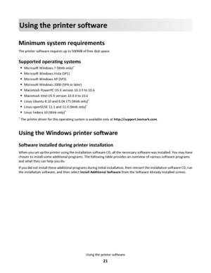 Page 21Using the printer software
Minimum system requirements
The printer software requires up to 500MB of free disk space.
Supported operating systems
Microsoft Windows 7 (Web only)*
Microsoft Windows Vista (SP1)
Microsoft Windows XP (SP3)
Microsoft Windows 2000 (SP4 or later)
Macintosh PowerPC OS X version 10.3.9 to 10.6
Macintosh Intel OS X version 10.4.4 to 10.6
Linux Ubuntu 8.10 and 8.04 LTS (Web only)*
Linux openSUSE 11.1 and 11.0 (Web only)*
Linux Fedora 10 (Web only)*
*
 The printer driver for this...