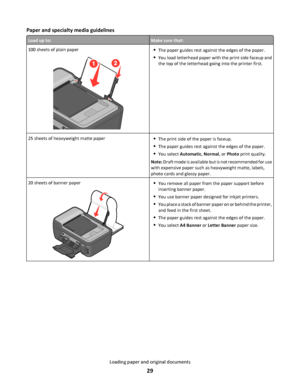 Page 29Paper and specialty media guidelines
Load up to:Make sure that:
100 sheets of plain paperThe paper guides rest against the edges of the paper.
You load letterhead paper with the print side faceup and
the top of the letterhead going into the printer first.
25 sheets of heavyweight matte paperThe print side of the paper is faceup.
The paper guides rest against the edges of the paper.
You select Automatic, Normal, or Photo print quality.
Note: Draft mode is available but is not recommended for use
with...