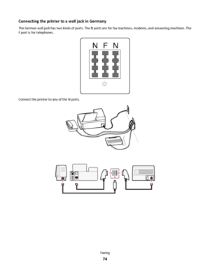 Page 74Connecting the printer to a wall jack in Germany
The German wall jack has two kinds of ports. The N ports are for fax machines, modems, and answering machines. The
F port is for telephones.
NFN
Connect the printer to any of the N ports.
EXT
LINE
P
H
O
N
ELIN
E
NFN
E
X
TL
I
N
E
Faxing
74
Downloaded From ManualsPrinter.com Manuals 