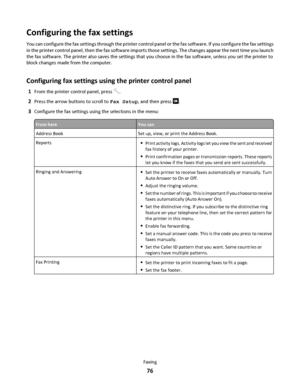 Page 76Configuring the fax settings
You can configure the fax settings through the printer control panel or the fax software. If you configure the fax settings
in the printer control panel, then the fax software imports those settings. The changes appear the next time you launch
the fax software. The printer also saves the settings that you choose in the fax software, unless you set the printer to
block changes made from the computer.
Configuring fax settings using the printer control panel
1From the printer...