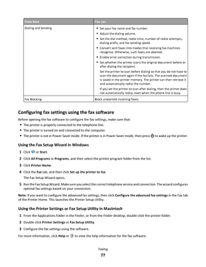 Page 77From hereYou can
Dialing and SendingSet your fax name and fax number.
Adjust the dialing volume.
Set the dial method, redial time, number of redial attempts,
dialing prefix, and fax sending speed.
Convert sent faxes into modes that receiving fax machines
recognize. Otherwise, such faxes are aborted.
Enable error correction during transmission.
Set whether the printer scans the original document before or
after dialing the recipient.
Set the printer to scan before dialing so that you do not have to
scan...