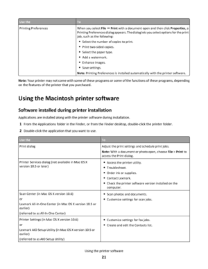 Page 21Use theTo
Printing PreferencesWhen you select File  Print with a document open and then click Properties, a
Printing Preferences dialog appears. The dialog lets you select options for the print
job, such as the following:
Select the number of copies to print.
Print two-sided copies.
Select the paper type.
Add a watermark.
Enhance images.
Save settings.
Note: Printing Preferences is installed automatically with the printer software.
Note: Your printer may not come with some of these programs or some of...