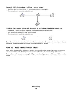 Page 120Scenario 3: Wireless network with no Internet access

Computers and printers connect to the network using a wireless access point.
The network has no connection to the Internet.
Scenario 4: Computer connected wirelessly to a printer without Internet access

A computer is directly connected to a printer without going through a wireless router.
This configuration is referred to as an ad hoc network.
The network has no connection to the Internet.
Note: Most computers can connect to only one wireless network...