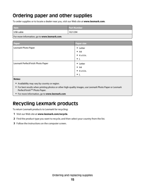 Page 15Ordering paper and other supplies
To order supplies or to locate a dealer near you, visit our Web site at www.lexmark.com.
ItemPart Number
USB cable1021294
For more information, go to www.lexmark.com.
PaperPaper size
Lexmark Photo PaperLetter
A4
4 x 6 in.
L
Lexmark PerfectFinish Photo PaperLetter
A4
4 x 6 in.
L
Notes:
Availability may vary by country or region.
For best results when printing photos or other high-quality images, use Lexmark Photo Paper or Lexmark
PerfectFinishTM Photo Paper.
For more...