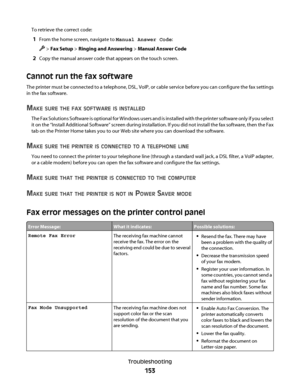 Page 153To retrieve the correct code:
1From the home screen, navigate to Manual Answer Code:
 > Fax Setup > Ringing and Answering > Manual Answer Code
2Copy the manual answer code that appears on the touch screen.
Cannot run the fax software
The printer must be connected to a telephone, DSL, VoIP, or cable service before you can configure the fax settings
in the fax software.
MAKE SURE THE FAX SOFTWARE IS INSTALLED
The Fax Solutions Software is optional for Windows users and is installed with the printer...