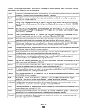 Page 190Tower III, 1095 Budapest HUNGARY, A declaration of conformity to the requirements of the Directives is available
upon request from the Authorized Representative.
ČeskySpolečnost Lexmark International, Inc. tímto prohlašuje, že výrobek tento výrobek je ve shodě se základními
požadavky a dalšími příslušnými ustanoveními směrnice 1999/5/ES.
DanskLexmark International, Inc. erklærer herved, at dette produkt overholder de væsentlige krav og øvrige
relevante krav i direktiv 1999/5/EF.
DeutschHiermit erklärt...