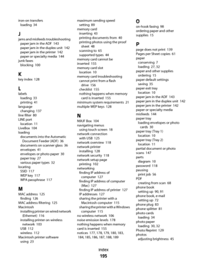 Page 195iron-on transfers 
loading  34
J
jams and misfeeds troubleshooting 
paper jam in the ADF  143
paper jam in the duplex unit  142
paper jam in the printer  142
paper or specialty media  144
junk faxes 
blocking  100
K
key index  128
L
labels 
loading  33
printing  41
language 
changing  137
line filter  80
LINE port 
location  11
LiveBox  104
loading 
documents into the Automatic
Document Feeder (ADF)  36
documents on scanner glass  36
envelopes  41
envelopes or photo paper  30
paper tray  27
various paper...