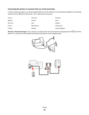 Page 76Connecting the printer in countries that use serial connection
In some countries or regions, you need to plug all devices into the wall jack. You cannot plug a telephone or answering
machine into the 
 port of the printer. This is called serial connection.
Austria Germany Portugal
Belgium Ireland Spain
Denmark Italy Sweden
France Netherlands Switzerland
Finland Norway United Kingdom
Warning—Potential Damage: If your country is on the list, then do not remove the wrap plug from the  port of the
printer....