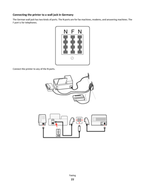 Page 77Connecting the printer to a wall jack in Germany
The German wall jack has two kinds of ports. The N ports are for fax machines, modems, and answering machines. The
F port is for telephones.
NFN
Connect the printer to any of the N ports.
P
H
O
N
ELIN
E
NFN
E
X
TL
I
N
E
Faxing
77
Downloaded From ManualsPrinter.com Manuals 