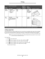 Page 59Identifying and linking output bins
59
Printing
Linking output bins
Linking output bins lets you create a single output source so the printer can automatically switch output to the next available 
bin. You can also set the output type for media such as card stock or envelope sizes that cannot be sent to an optional 
output bin. For more information on the values available to configure your output bins, see the Menus and Messages Guide.
Note:The bin sequence for linking always starts with the Standard Bin...