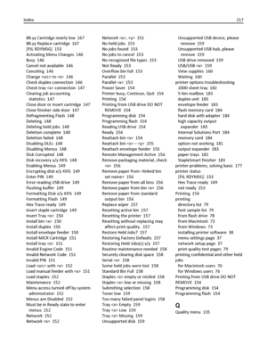 Page 21788.yy Cartridge nearly low  167
88.yy Replace cartridge  167
[PJL RDYMSG]  153
Activating Menu Changes  146
Busy  146
Cancel not available  146
Canceling  146
Change  to   146
Check duplex connection  146
Check tray  connection  147
Clearing job accounting
statistics  147
Close door or insert cartridge  147
Close finisher side door  147
Defragmenting Flash  148
Deleting  148
Deleting held jobs  148
Deletion complete  148
Deletion failed  148
Disabling DLEs  148
Disabling Menus  148
Disk Corrupted  148...