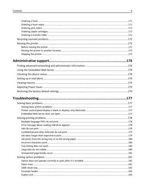 Page 6Ordering a fuser .............................................................................................................................................. 171
Ordering a fuser wiper .................................................................................................................................... 171
Ordering pick rollers ....................................................................................................................................... 172
Ordering staple...