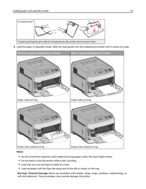 Page 61Transparencies*
* Avoid touching the print side of transparencies. Be careful not to scratch them.
5Load the paper or specialty media. Slide the stack gently into the multipurpose feeder until it comes to a stop.
Without an optional StapleSmart II FinisherWith an optional StapleSmart II Finisher
LETTERHEAD
Single‑sided printing
LETTERHEAD
Single‑sided printing
L
E
T
T
E
R
H
E
A
D
Duplex (two‑sided) printing
LE
TTE
R
H
E
A
D
Duplex (two‑sided) printing
Notes:
Do not exceed the maximum stack height by...