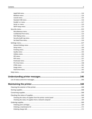 Page 5AppleTalk menu .............................................................................................................................................. 114
NetWare menu ............................................................................................................................................... 114
LexLink menu .................................................................................................................................................. 115
Standard USB menu...