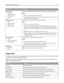 Page 144Menu itemDescription
N‑up Ordering
Horizontal
Reverse Horizontal
Reverse Vertical
VerticalSpecifies the positioning of multiple‑page images when using N‑up (pages‑side)
Notes:
Horizontal is the factory default setting.
Positioning depends on the number of images and whether the images are in
portrait or landscape orientation.
Separator Sheets
None
Between Copies
Between Jobs
Between PagesSpecifies whether blank separator sheets are inserted
Notes:
None is the factory default setting.
Between Copies...