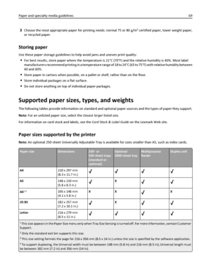 Page 693Choose the most appropriate paper for printing needs: normal 75 or 80 g/m2 certified paper, lower weight paper,
or recycled paper.
Storing paper
Use these paper storage guidelines to help avoid jams and uneven print quality:
For best results, store paper where the temperature is 21°C (70°F) and the relative humidity is 40%. Most label
manufacturers recommend printing in a temperature range of 18 to 24°C (65 to 75°F) with relative humidity between
40 and 60%.
Store paper in cartons when possible, on a...