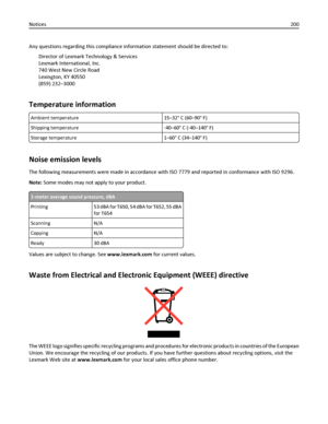 Page 200Any questions regarding this compliance information statement should be directed to:
Director of Lexmark Technology & Services
Lexmark International, Inc.
740 West New Circle Road
Lexington, KY 40550
(859) 232–3000
Temperature information
Ambient temperature 15–32° C (60–90° F)
Shipping temperature‑40–60° C (‑40–140° F)
Storage temperature 1–60° C (34–140° F)
Noise emission levels
The following measurements were made in accordance with ISO 7779 and reported in conformance with ISO 9296.
Note: Some modes...