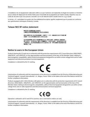 Page 205Linstallateur de cet équipement radio doit veiller à ce que lantenne soit implantée et dirigée de manière à némettre
aucun champ HF dépassant les limites fixées pour lensemble de la population par Santé Canada. Reportez-vous au
Code de sécurité 6 que vous pouvez consulter sur le site Web de Santé Canada www.hc-sc.gc.ca/rpb.
Le terme « IC » précédant le numéro de daccréditation/inscription signifie simplement que le produit est conforme
aux spécifications techniques dIndustry Canada.
Taiwan NCC RF notice...