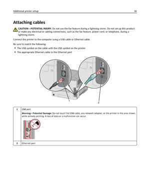 Page 36Attaching cables
CAUTION—POTENTIAL INJURY: Do not use the fax feature during a lightning storm. Do not set up this product
or make any electrical or cabling connections, such as the fax feature, power cord, or telephone, during a
lightning storm.
Connect the printer to the computer using a USB cable or Ethernet cable.
Be sure to match the following:
The USB symbol on the cable with the USB symbol on the printer
The appropriate Ethernet cable to the Ethernet port
12
1USB port
Warning—Potential Damage: Do...