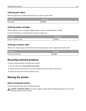 Page 172Ordering pick rollers
When the paper fails to properly feed from the tray, order new pick rollers.
Part namePart number
Pick rollers 40X4308
Ordering staple cartridges
When Staples Low or Staples Empty appears, order the specified staple cartridge.
For more information, see the illustrations inside the stapler door.
Part namePart number
Staple Cartridges–3 pack 25A0013
Ordering a transfer roller
When toner smudges appear on the front or back of printed pages, order a replacement transfer roller.
Part...