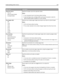 Page 134Menu itemDescription
Separator Source
Tray 
Multi‑Purpose Feeder
Envelope FeederSpecifies the paper source for separator sheets
Notes:
Tray 1 (standard tray) is the factory default setting.
From the Paper menu, Configure MP must be set to Cassette in order for
Multi‑Purpose Feeder to appear as a menu setting.
N‑up (pages‑side)
Off
2‑Up
3‑Up
4‑Up
6‑Up
9‑Up
12‑Up
16‑UpSpecifies that multiple‑page images be printed on one side of a sheet of paper
Notes:
Off is the factory default setting.
The number...