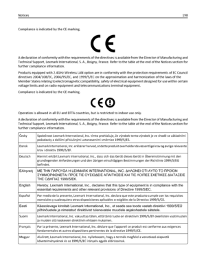 Page 198Compliance is indicated by the CE marking.
A declaration of conformity with the requirements of the directives is available from the Director of Manufacturing and
Technical Support, Lexmark International, S. A., Boigny, France. Refer to the table at the end of the Notices section for
further compliance information.
Products equipped with 2.4GHz Wireless LAN option are in conformity with the protection requirements of EC Council
directives 2004/108/EC, 2006/95/EC, and 1999/5/EC on the approximation and...