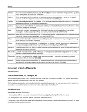 Page 199Íslenska Hér með lýsir Lexmark International, Inc. yfir því að þessi vara er í samræmi við grunnkröfur og aðrar
kröfur, sem gerðar eru í tilskipun 1999/5/EC.
Italiano Con la presente Lexmark International, Inc. dichiara che questo questo prodotto è conforme ai requisiti
essenziali ed alle altre disposizioni pertinenti stabilite dalla direttiva 1999/5/CE.
Latviski Ar šo Lexmark International, Inc. deklarē, ka šis izstrādājums atbilst Direktīvas 1999/5/EK būtiskajām
prasībām un citiem ar to saistītajiem...