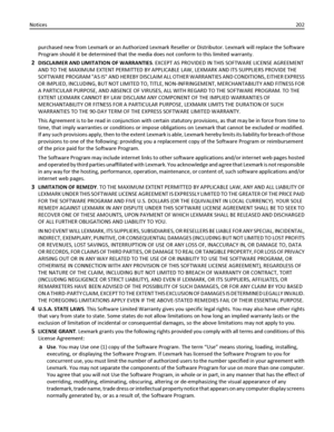 Page 202purchased new from Lexmark or an Authorized Lexmark Reseller or Distributor. Lexmark will replace the Software
Program should it be determined that the media does not conform to this limited warranty.
2DISCLAIMER AND LIMITATION OF WARRANTIES. EXCEPT AS PROVIDED IN THIS SOFTWARE LICENSE AGREEMENT
AND TO THE MAXIMUM EXTENT PERMITTED BY APPLICABLE LAW, LEXMARK AND ITS SUPPLIERS PROVIDE THE
SOFTWARE PROGRAM AS IS AND HEREBY DISCLAIM ALL OTHER WARRANTIES AND CONDITIONS, EITHER EXPRESS
OR IMPLIED, INCLUDING,...