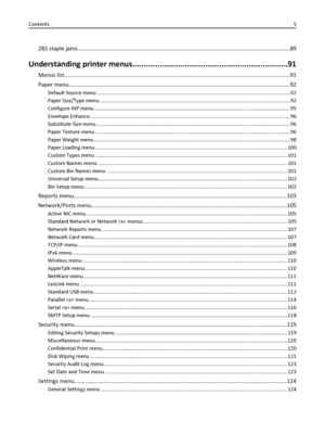 Page 5283 staple jams.......................................................................................................................................89
Understanding printer menus....................................................................91
Menus list................................................................................................................................................91
Paper...