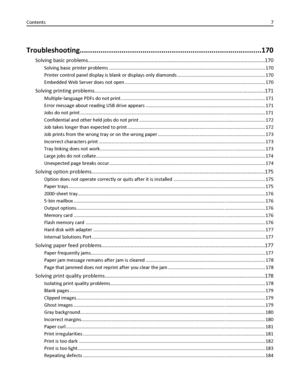 Page 7Troubleshooting.......................................................................................170
Solving basic problems..........................................................................................................................170
Solving basic printer problems ....................................................................................................................... 170
Printer control panel display is blank or displays only diamonds...