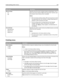 Page 134Menu itemDescription
Resource Save
On
OffSpecifies how the printer handles temporary downloads, such as
fonts and macros stored in RAM, when the printer receives a job
that requires more memory than is available
Notes:
Off is the factory default setting. Off sets the printer to retain
the downloads only until memory is needed. Downloads are
deleted in order to process print jobs.
The On setting retains the downloads during language
changes and printer resets. If the printer runs out of
memory, 38 Memory...