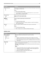 Page 137Menu itemDescription
Enhance Fine Lines
On
OffEnables a print mode preferable for files such as architectural drawings, maps, electrical
circuit diagrams, and flow charts
Notes:
Off is the factory default setting.
To set Enhance Fine Lines using the Embedded Web Server, type the network
printer IP address in a browser window.
Gray Correction
Auto
OffAdjusts the gray value of printed output
Note: Auto is the factory default setting.
Brightness
‑6 to +6Adjusts or darkens printed output and conserves toner...