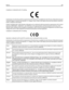 Page 198Compliance is indicated by the CE marking.
A declaration of conformity with the requirements of the directives is available from the Director of Manufacturing and
Technical Support, Lexmark International, S. A., Boigny, France. Refer to the table at the end of the Notices section for
further compliance information.
Products equipped with 2.4GHz Wireless LAN option are in conformity with the protection requirements of EC Council
directives 2004/108/EC, 2006/95/EC, and 1999/5/EC on the approximation and...