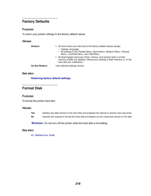 Page 218216
Factory Defaults
Purpose:
To return your printer settings to the factory default values.
Va l u e s :
See also:
Restoring factory default settings
Format Disk
Purpose:
To format the printer hard disk.
Va l u e s :
W
ARNING:Do not turn off the printer while the hard disk is formatting.
See also:
61 Defective Disk
Restore All menu items are returned to the factory default values except:
– Display Language.
– All settings in the Parallel Menu, Serial Menu, Network Menu, Infrared
Menu, LocalTalk Menu,...