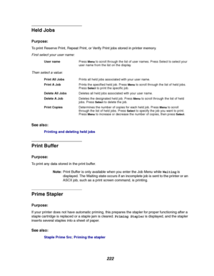 Page 224222
Held Jobs
Purpose:
To print Reserve Print, Repeat Print, or Verify Print jobs stored in printer memory.
First select your user name:
Then select a value:
See also:
Printinganddeletingheldjobs
Print Buffer
Purpose:
To print any data stored in the print buffer.
Note:Print Buffer is only available when you enter the Job Menu whileWaitingis
displayed. The Waiting state occurs if an incomplete job is sent to the printer or an
ASCII job, such as a print screen command, is printing.
Prime Stapler
Purpose:...