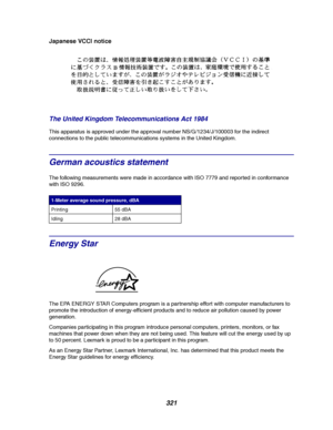 Page 323321
Japanese VCCI notice
The United Kingdom Telecommunications Act 1984
This apparatus is approved under the approval number NS/G/1234/J/100003 for the indirect
connections to the public telecommunications systems in the United Kingdom.
German acoustics statement
The following measurements were made in accordance with ISO 7779 and reported in conformance
with ISO 9296.
Energy Star
The EPA ENERGY STAR Computers program is a partnership effort with computer manufacturers to
promote the introduction of...