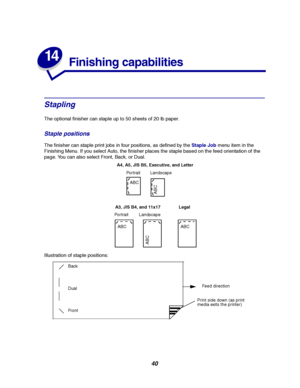 Page 4240
14
Finishing capabilities
Stapling
The optional finisher can staple up to 50 sheets of 20 lb paper.
Staple positions
The finisher can staple print jobs in four positions, as defined by theStaple Jobmenu item in the
Finishing Menu. If you select Auto, the finisher places the staple based on the feed orientation of the
page. You can also select Front, Back, or Dual.
Illustration of staple positions:
Portrait Landscape
Portrait Landscape
A4, A5, JIS B5, Executive, and Letter
ABC
ABC
ABC
ABC
A3, JIS B4,...