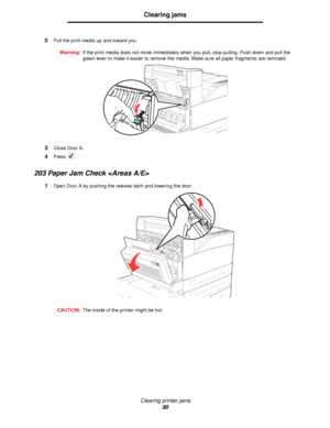 Page 80Clearing printer jams
80
Clearing jams
2Pull the print media up and toward you.
Warning:If the print media does not move immediately when you pull, stop pulling. Push down and pull the 
green lever to make it easier to remove the media. Make sure all paper fragments are removed.
3Close Door A.
4Press .
203 Paper Jam Check 
1Open Door A by pushing the release latch and lowering the door.
CAUTION:The inside of the printer might be hot.
Downloaded From ManualsPrinter.com Manuals 