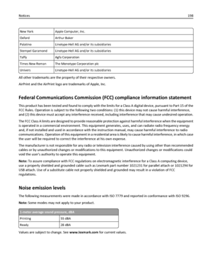 Page 198New York Apple Computer, Inc.
Oxford Arthur Baker
Palatino Linotype-Hell AG and/or its subsidiaries
Stempel Garamond Linotype-Hell AG and/or its subsidiaries
Taffy Agfa Corporation
Times New Roman The Monotype Corporation plc
Univers Linotype-Hell AG and/or its subsidiaries
All other trademarks are the property of their respective owners.
AirPrint and the AirPrint logo are trademarks of Apple, Inc.
Federal Communications Commission (FCC) compliance information statement
This product has been tested and...