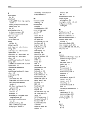 Page 211L
labels, paper 
tips  68
letterhead 
loading, 2000‑sheet high capacity
feeder  47
loading, multipurpose tray  65
loading, trays  65
tips  65
letterhead, printing on 
for Macintosh users  65
for Windows users  65
letter‑size paper 
loading  54
LexLink menu  96
linking 
exit bins  55
linking trays  55
Load  with   142
Load  with   142
Load  with   142
Load  with 
  142
Load Manual Feeder with   143
Load Manual Feeder with   142
Load Manual Feeder with
  143
Load Manual Feeder with 
  143
Load staples...