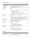 Page 112Menu itemDescription
Delete Downloads on Disk
Delete Now
Do Not DeleteRemoves downloads from the printer hard disk, including all held Jobs, buffered jobs,
and parked jobs. Job accounting information is not affected.
Note: Delete Now is the default setting.
Job Acct Stat
Print
ClearPrints a list of all stored job statistics or deletes the information from the printer hard
disk
Notes:
A printer hard disk must be installed in the printer and operating properly for
this menu item to be available.
Selecting...