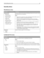 Page 99Security menu
Miscellaneous menu
Menu itemDescription
Login Restriction
Login failures
1-10 (3 attempts)
Failure time frame
1-60 (5 minutes)
Lockout time
1-60 (5 minutes)
Panel Login Timeout
1-900 (3 seconds)
Remote Login Timeout
1-120 (10 minutes)Limits the number and time frames of failed login attempts from the printer control
panel before all users are locked out
Notes:
“Login failures” specifies the number of failed login attempts before users are
locked out. 3 attempts is the factory default...