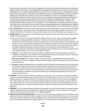 Page 172IN NO EVENT WILL LEXMARK, ITS SUPPLIERS, SUBSIDIARIES, OR RESELLERS BE LIABLE FOR ANY SPECIAL, INCIDENTAL,
INDIRECT, EXEMPLARY, PUNITIVE, OR CONSEQUENTIAL DAMAGES (INCLUDING BUT NOT LIMITED TO LOST PROFITS
OR REVENUES, LOST SAVINGS, INTERRUPTION OF USE OR ANY LOSS OF, INACCURACY IN, OR DAMAGE TO, DATA
OR RECORDS, FOR CLAIMS OF THIRD PARTIES, OR DAMAGE TO REAL OR TANGIBLE PROPERTY, FOR LOSS OF PRIVACY
ARISING OUT OR IN ANY WAY RELATED TO THE USE OF OR INABILITY TO USE THE SOFTWARE PROGRAM, OR
OTHERWISE IN...