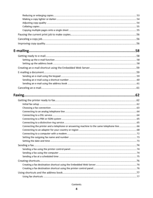 Page 4Reducing or enlarging copies ............................................................................................................................ 53
Making a copy lighter or darker ........................................................................................................................ 54
Adjusting copy quality ...................................................................................................................................... 54
Collating copies...