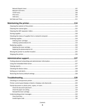 Page 6Network Reports menu .................................................................................................................................. 107
Network Card menu........................................................................................................................................ 108
TCP/IP menu ................................................................................................................................................... 108
IPv6 menu...