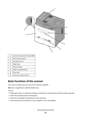 Page 157
3D
E
F6M
N
O9W
X
Y
Z#
2A
B
C5J
K
L8T
U
V0
1@!.G
H
I4PQRS7*
1
2
3
4
5
6
8
1Automatic Document Feeder (ADF)
2Printer control panel
3Standard exit bin
4Paper stop
5Manual feeder
6Paper tray (250 sheets)
7Front door
8Front door release button
Basic functions of the scanner
The scanner provides copy, fax, and scan-to-network capability.
Note: Fax is supported on selected models only.
You can:
Make quick copies, or change the settings on the printer control panel to perform specific copy jobs.
Send a fax...